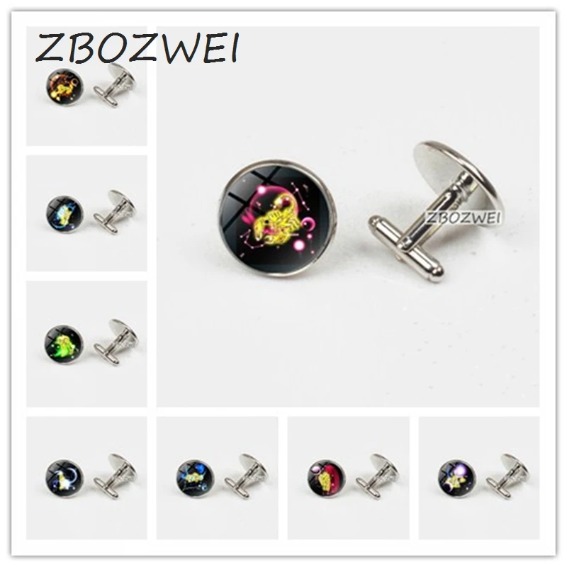 

ZBOZWEI New Style Silver Trendy Women Cufflinks Galaxy Constellation Design12 Zodiac Horoscope Astrology Cufflinks For Women Men