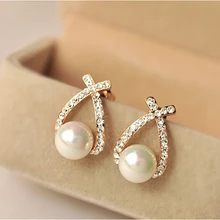  Korea New Fashion Gold Silver Color Cross Crystal Stud Earrings for Women Elegant Cute Pearl Earrings Brincos Jewelry Wholesale 