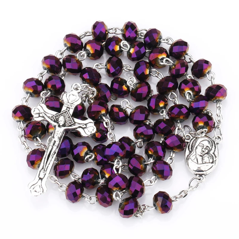 

Virgin Holy Christ Cross Necklace Charming Purple Glass Crystal Catholic Rosary Necklace Polychrome Prayer Beaded Jewelry
