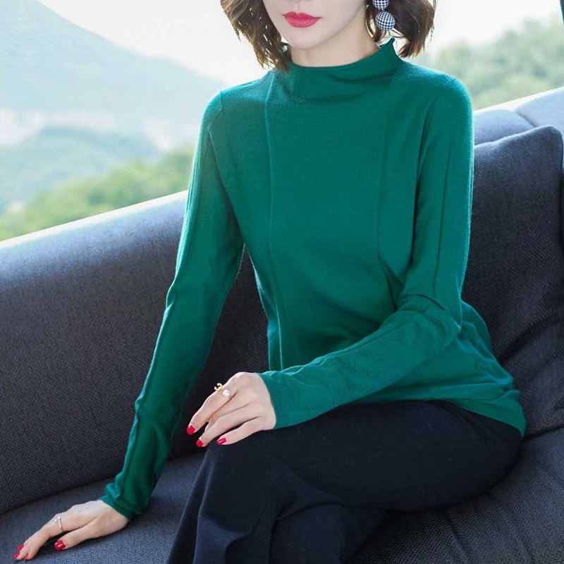 

2019 Fall Collection Autumn Casual Basic Pullovers Women's Long-sleeved Solid Sweaters Semi Turtle Neck Pullovers