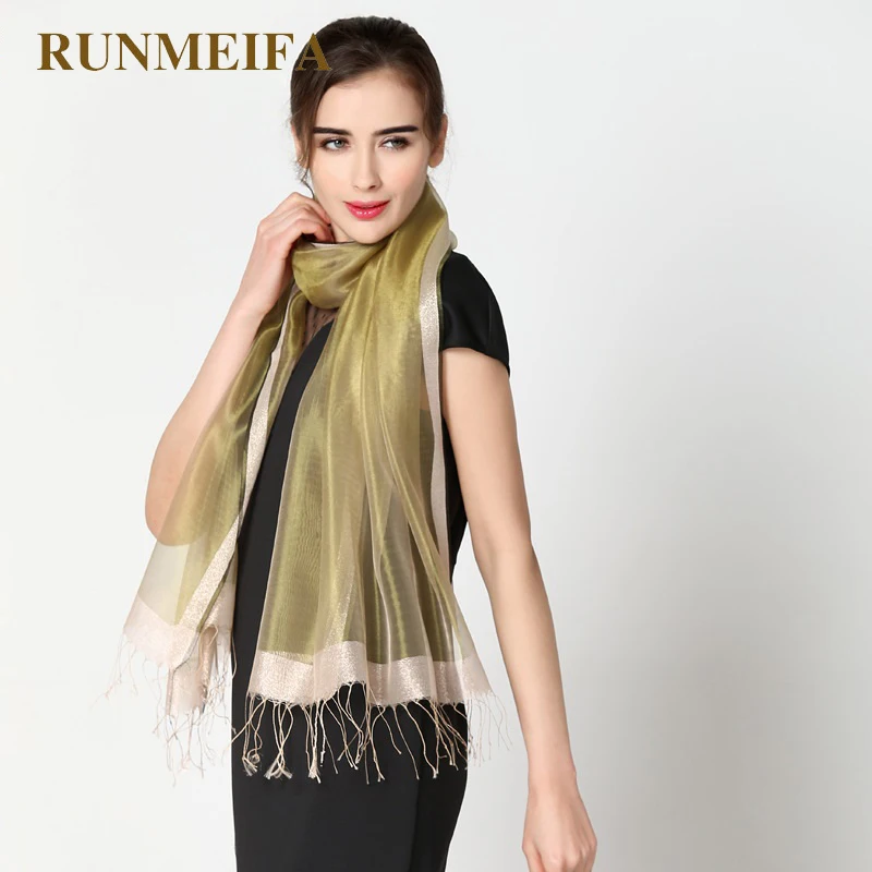 

[RUNMEIFA] 100% silk Bright Color Women Silk Scarf Golden Scarves Brand Ancient Tassels silk scarf High Quality Triangle Warm