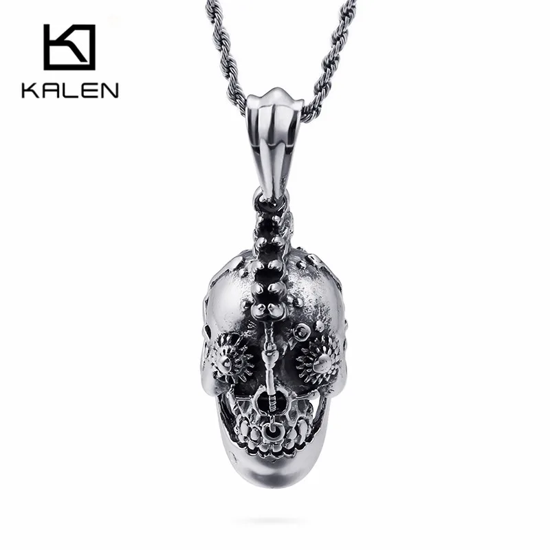 

KALEN Hyperbole Mexican Skull Pendant Necklace For Men Stainless Steel Silver Mexico Machine Skull Charm Necklace Punk Jewelry