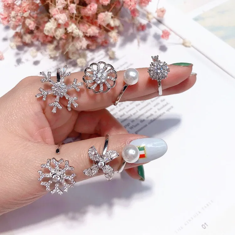 Rotatable snowflake full zircon open ring lucky ring 925 silver Jewelry fashion Adjustable rings for women girl gift free size