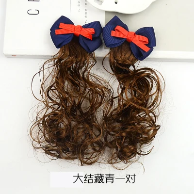 1 пара корейских детей мода лук принцесса поддельные длинные вьющиеся заколки для волос маленькая девочка ювелирные изделия хвост зажим, аксессуар для волос - Цвет: Big navy bow kont