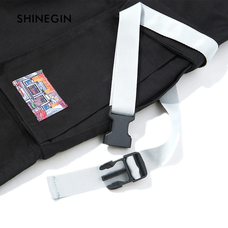 SHINEGIN Side Eye-splice Tape Hip Hop Sweat Pants Multi Pockets Trousers Sweatpants Streetwear Men Joggers Track Cargo Pants
