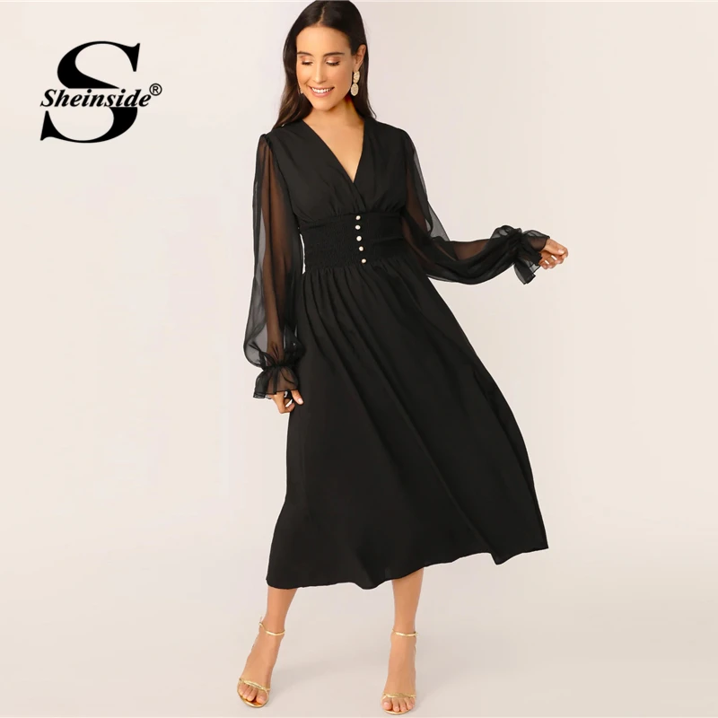 Goede Sheinside Elegante V hals Knop Detail Jurk Vrouwen 2019 Lente Mesh Lantaarn Mouw Patchwork Jurken Dames Solid EEN Lijn Jurk