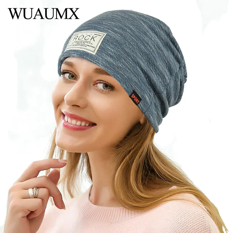 Wuaumx Spring Autumn Beanies Hats For Women and Men Rock label Hip Hop Hat Slouchy Baggy Skullies Beanie Cap Female bonnet femme