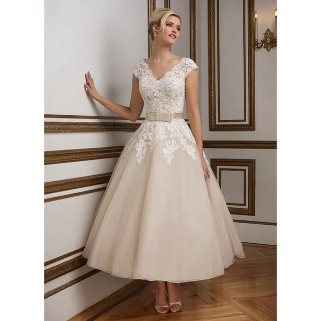 Tea Length Wedding Dresses 2016 Deep V Neck Bow Sashes Tea Length Wedding Dresses 2016 Deep V Neck Bow Sashes Short Sleeves Bridal Gowns Liques