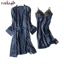 Fdfklak сексуальный из двух частей Халат Кружевной комплект шелк домашняя одежда для Для женщин Ночная сорочка пижамы ночной женские халаты Для женщин халаты