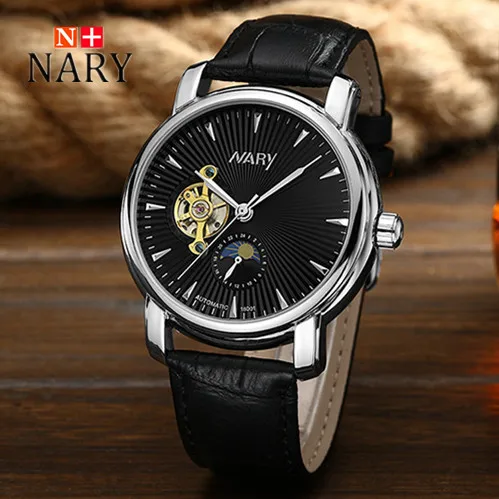 Nary Watches Men Fashion Business Leather Wristwatch Waterproof Automatic Self Wind Watches Personality Casual Relogio W0805