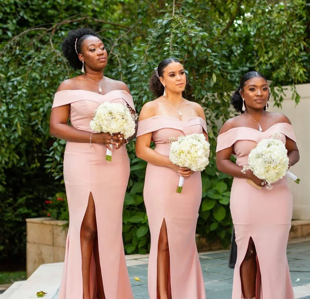 New Plus Size South African Bridesmaids Dresses Pink Mermaid Off Shoulders Split Maid of Honor Gowns Wedding Guest Evening Prom Wears BM0372  85
