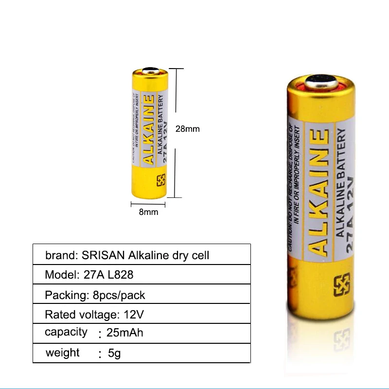 SRISAN 8 шт. 27A 12 В сухая щелочная батарея L828 27AE 27MN A27 для дверной звонок, автосигнализация, walkman, автомобильный пульт дистанционного управления и т. д