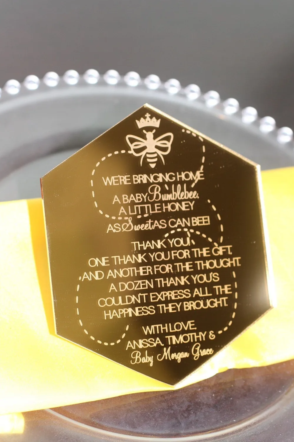 

Gold wedding menu Rose Mirror Acrylic Bee Acrylic Engraved Geometric, Hexagon Welcome Card, Menu, Place Card, Bee Baby Shower