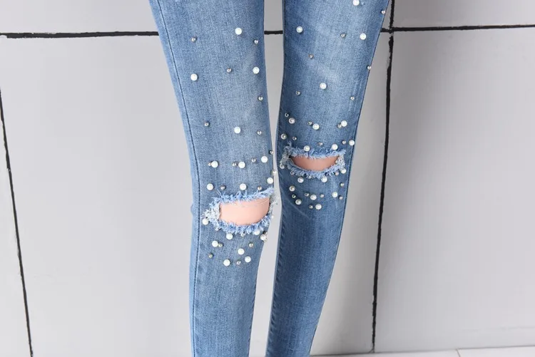 DONGDONGTA отверстие рваные женские джинсы для женщин летний однотонные брюки-карандаши для Высокая талия HMF-55-6030
