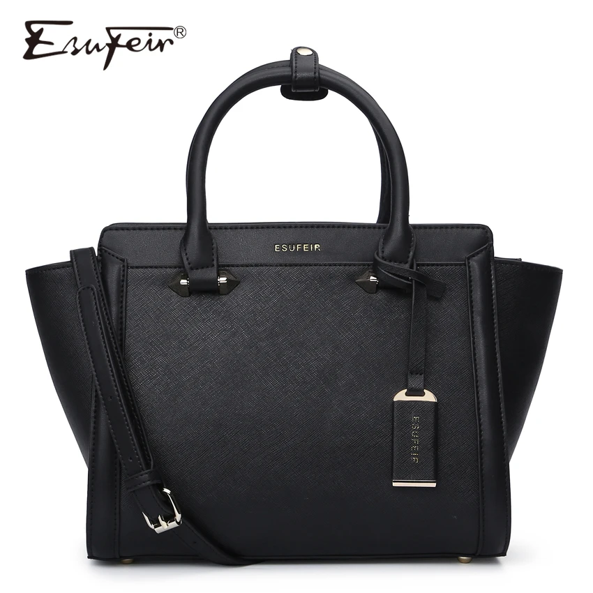 

ESUFEIR Brand Genuine Leather Women Handbag Cross Pattern Cow Leather Shoulder Bag Fashion Design Top Handle Trapeze Women Bag