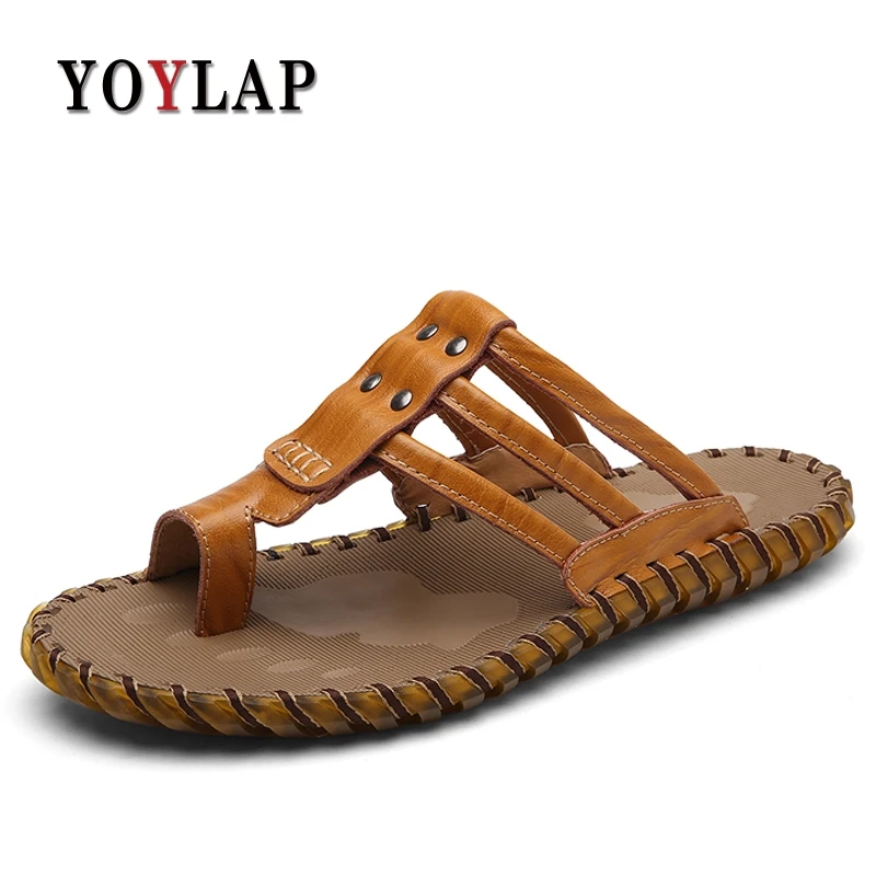 

Luxury Brand 2018 New Men's Flip Flops Genuine Leather Slippers Summer Fashion Beach Sandals Shoes For Men