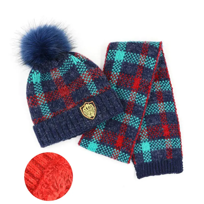Зима девочек шляпа набор детей шарф и шапочка для мальчиков вязаный плед добавить бархат меховым помпоном вязаная шапочка с помпоном набор