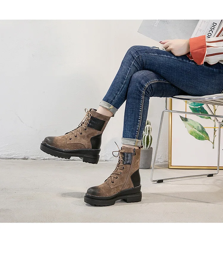 SWYIVY Women Ankle Boot Hot Autumn Shoes Genuine Leather Woman Shoes Martin Boots Platform Cowboy Boots For Women Zipper