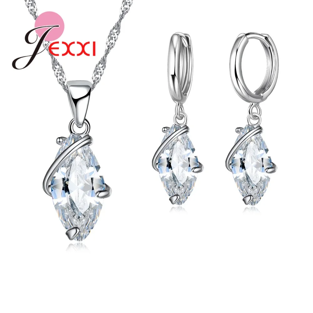 Clear White Crystal Necklace Pendent Earring Set For Women 925 Sterling Silver Lady Elegance Wedding Setv | Украшения и