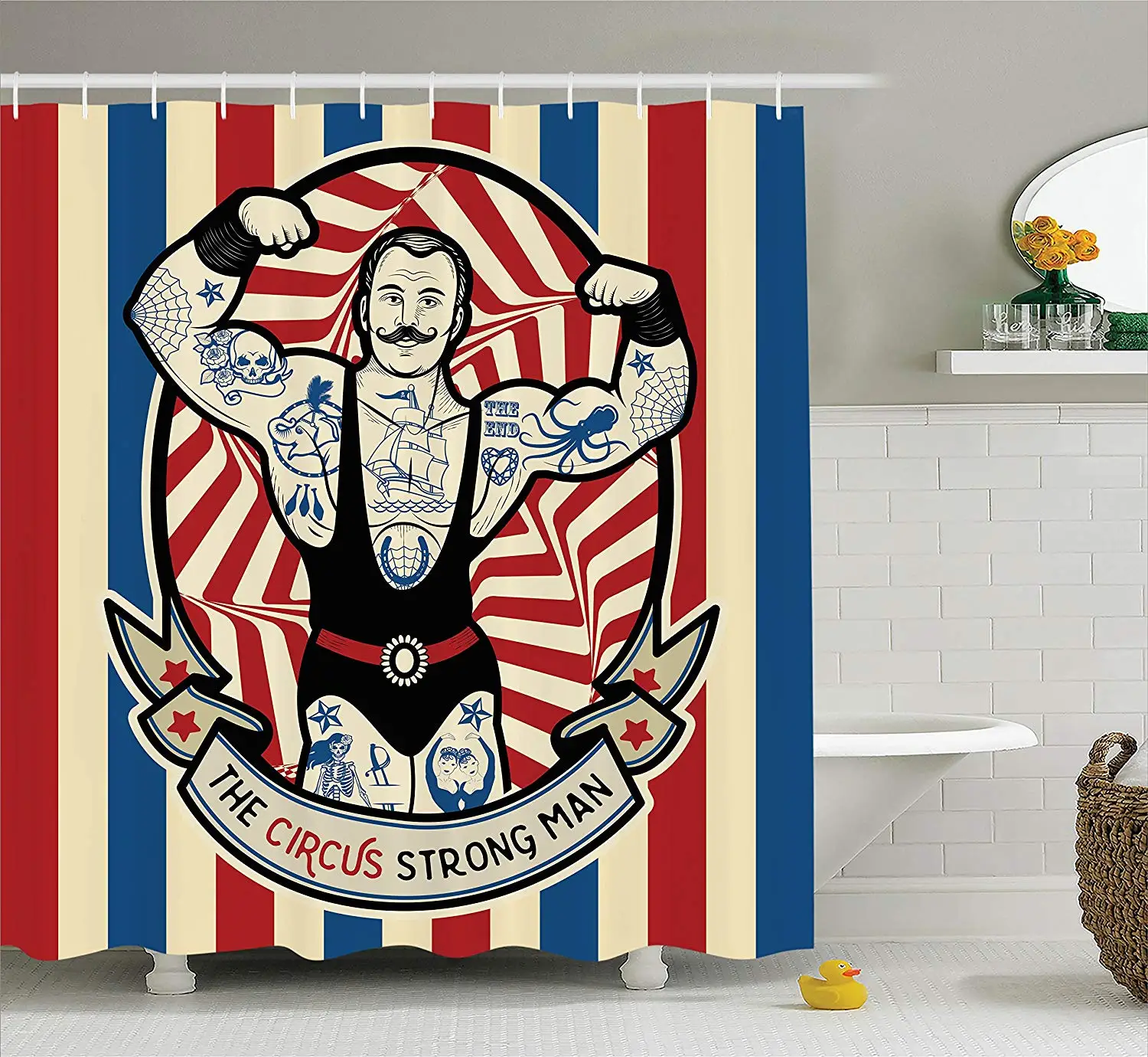 

Circus Decor Shower Curtain Nostalgic Icon The Strong Man with Tattoos and Muscles Circus Star Fun Art Print Bathroom Accessory