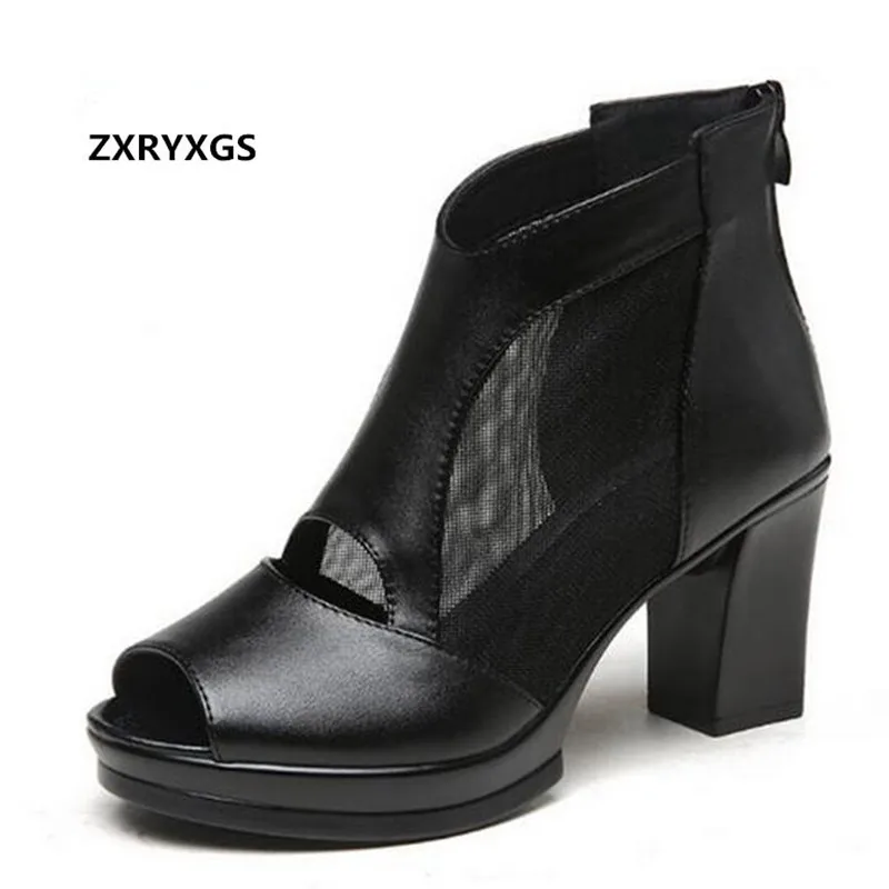

Cowhide mesh women summer sandals ankle boots 2019 famous Fish head sexy women shoes sandals high heel shoes fashion sandals