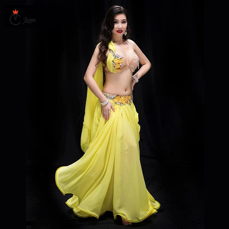 

High quality New style sexy belly dance costume female yellow Fairy elegant swing skirt costume Exquisite Outfits 3 pcs