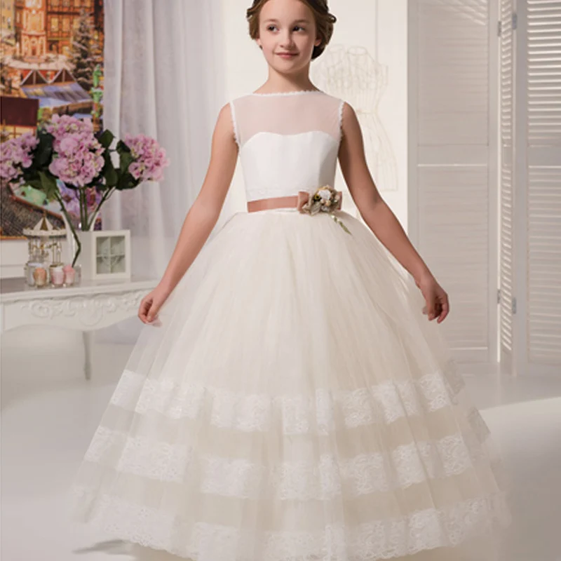 Bola primicia vestido sin mangas Appliques primera comunión vestidos para niñas vestidos de