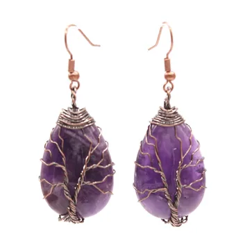 

Trendy-beads Copper Plated Wire Wrap Natural Purple Amethysts Stone Earrings Water Drop Jewelry