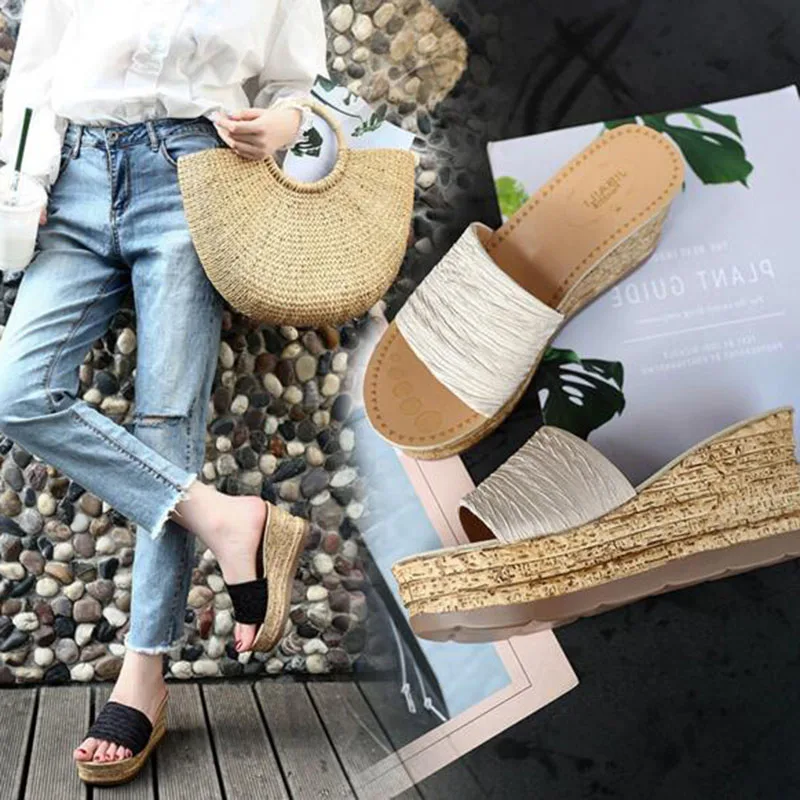 

Summer Spring Korean Style Ladies Fashion Wedges Flats High Heels Slippers,Open Toe Solid Color Wood Bottom Non-slip Slipper
