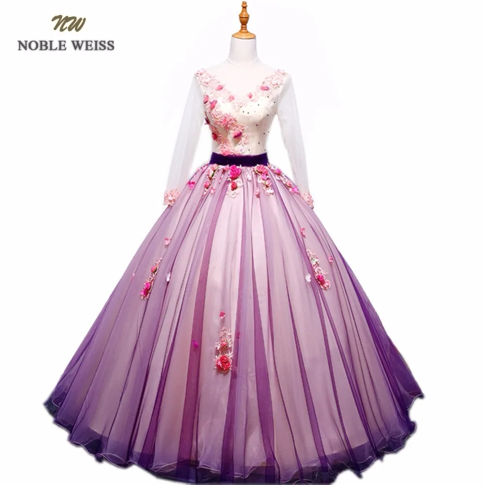

NOBLE WEISS Colorful Quinceanera Dresses Ball Gown Appliques Beading Flower Floor-Length Organza Sexy Prom Dress With Sleeves