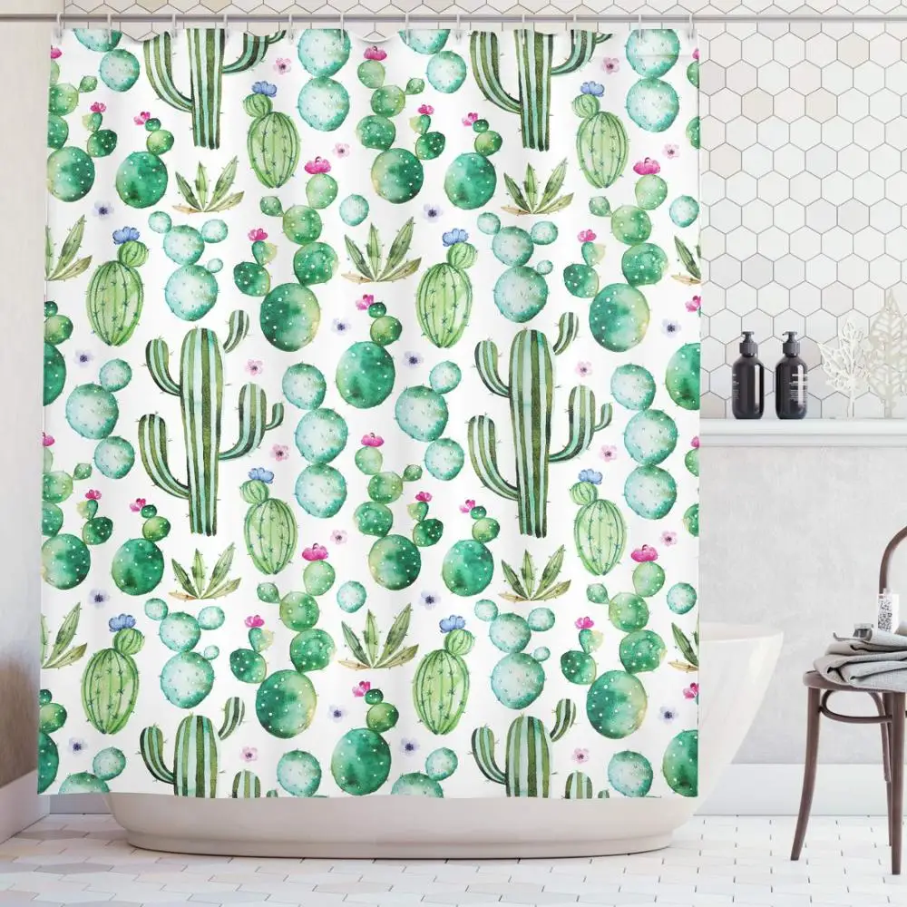 Cartoon Shower Curtain Mexican Cactus Plants Print for Bathroom