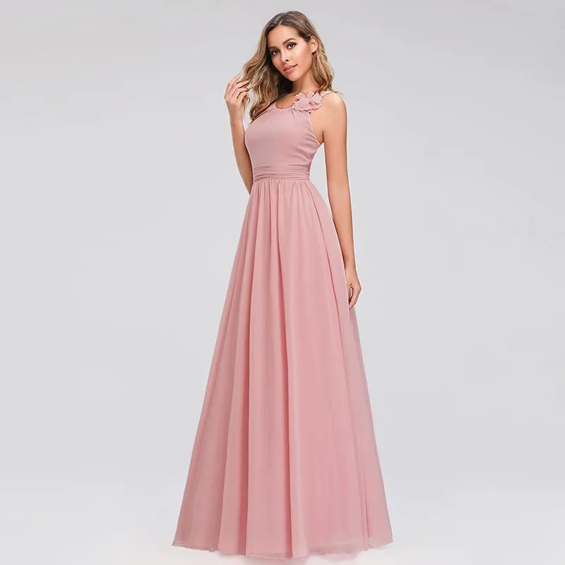 Розовые платья подружки невесты Ever Pretty EB07660PK элегантные шифоновые платья для свадеб с круглым вырезом и открытыми плечами, вечерние платья