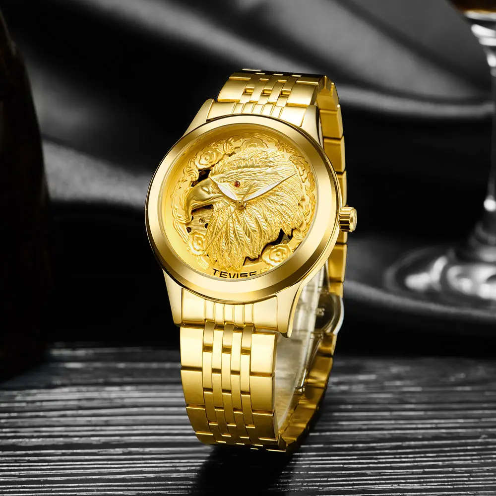

TEVISE Men Luxury Gold Eagle Automatic Mechanical Watches 3D Hawk Skeleton Self Wind Man Wristwatch Luminous Hands Analog Clock