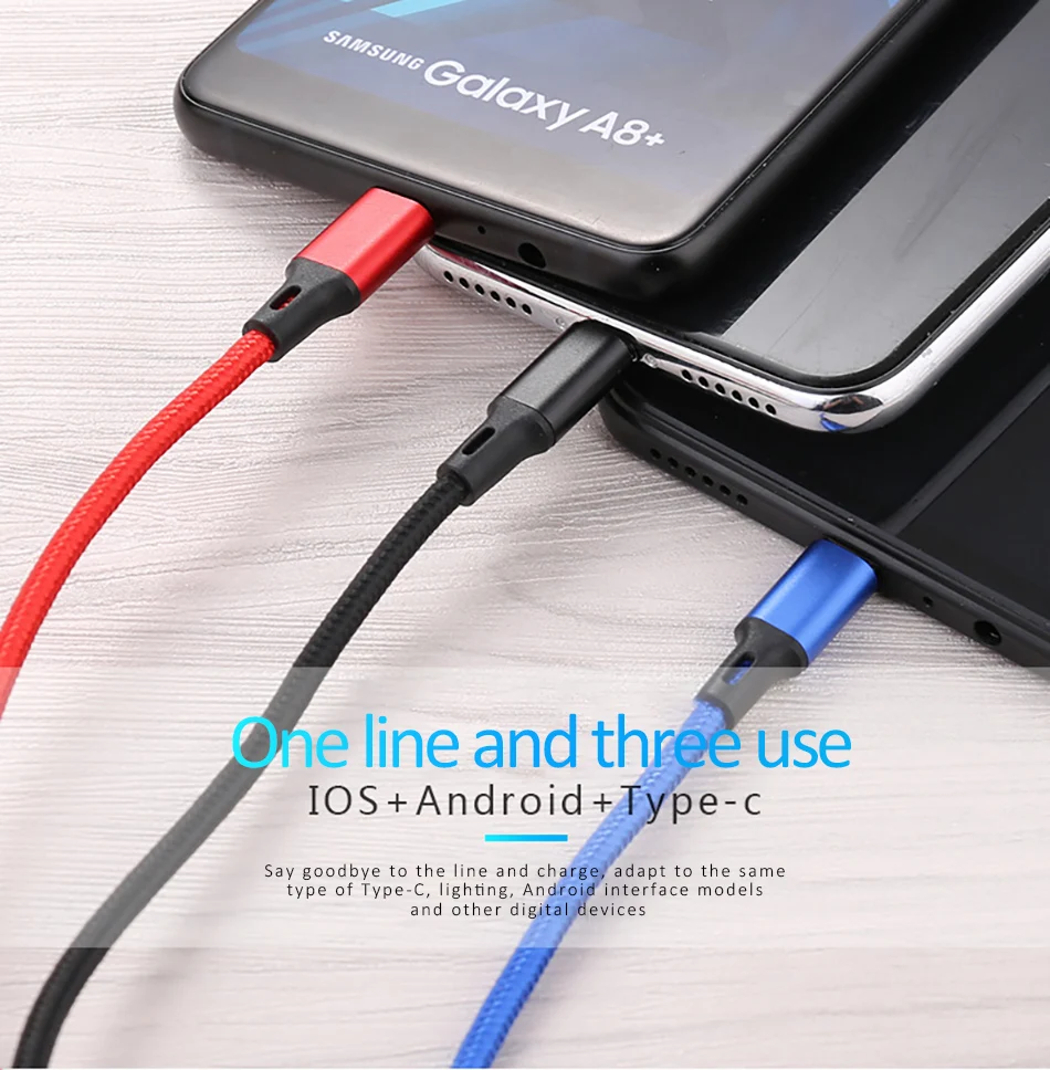 NOHON Nylon 3 In 1 Lighting Charger Cable For iPhone X 7 8 6 Plus Micro USB Type C For Samsung Xiaomi 5 Universal Fast Charging (2)