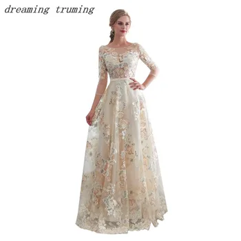 

Vestido de Festa Illusion Long Sleeve Prom Dresses 2019 Scoop Neck A Line Appliques Long Formal Party Gowns China
