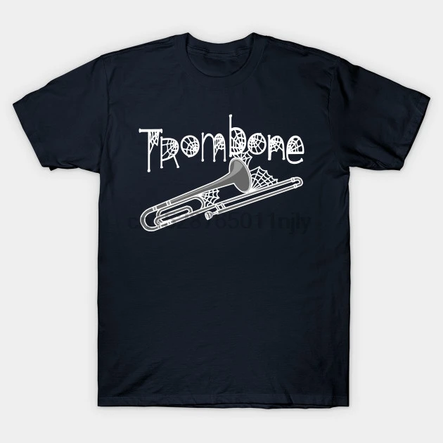 

Men tshirt Short sleeve Trombone Halloween Cobwebs White Text Trombone T Shirt tee tops Women t-shirt