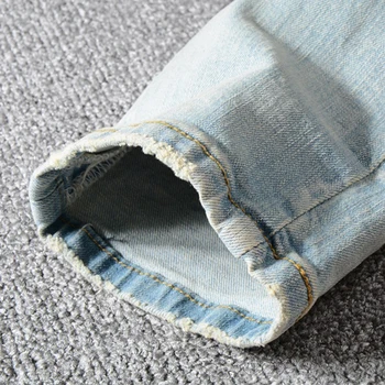 Sokotoo Men's patchwork bandanna paisley printed biker jeans Light blue holes ripped skinny stretch denim pants Trousers 5
