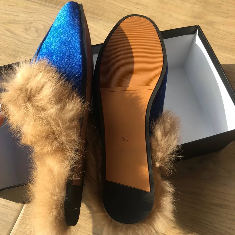 Bleu Doux Qualité 34 Belle Top 41 Taille Mules Plat Lapin Chaussures Couleur Femmes De Fourrure Velours Diapositives Faux Mocassins SA6qwx6