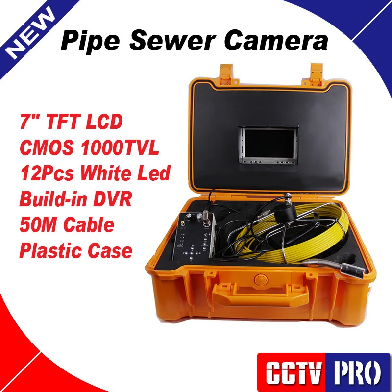 

Drain Pipe Sewer Inspection Drain Camera With 7" Monitor DVR Function System + 50m Cable Night Vision 12Pcs Leds 1000TVL Cmos