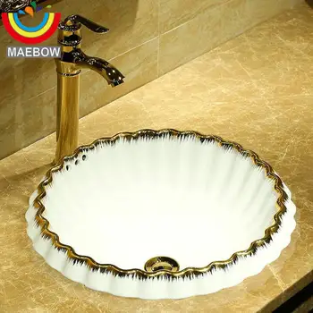 

Sea Shell Like Golden Lace White Round Ceramic Bathroom Sink