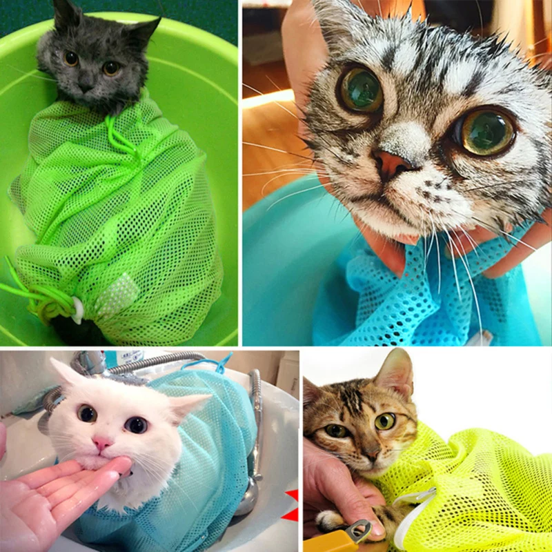 1Pc Fashion Mesh Cat Grooming Bathing Bag Pet Cat Kitten Bathing Nail