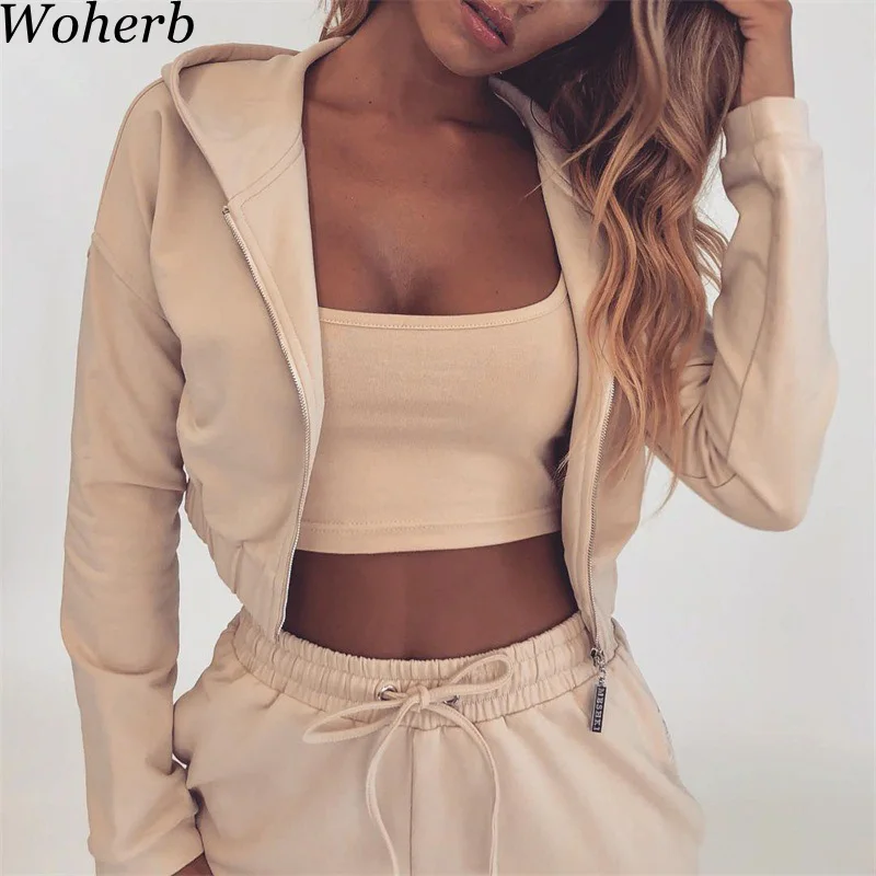 

Woherb 2019 Crop Top Sweatshirt+Pants Two Piece Set Women Casual Solid Tracksuit Outwear Ladies Hooded Tracksuits 20734