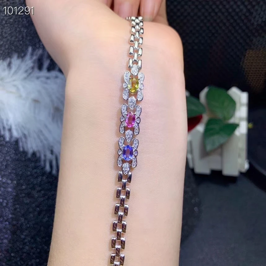 Bracelet en saphir naturel multicolore Bracelet en pierres précieuses naturelles bracelet en argent