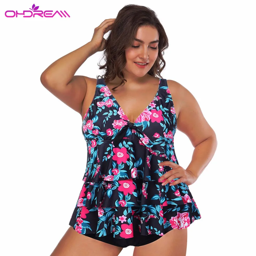 

OHDREAM 2018 New Large Swimsuit Floral Women Plus Size Swimwear Push Up Two Piece Tankini Bathing Female Suit Swimming Skirt C