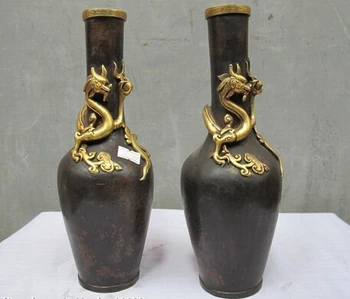 

bi002010 Chinese Royal 100% Purple Bronze 24k gold Dragon play ball Vase pot pair