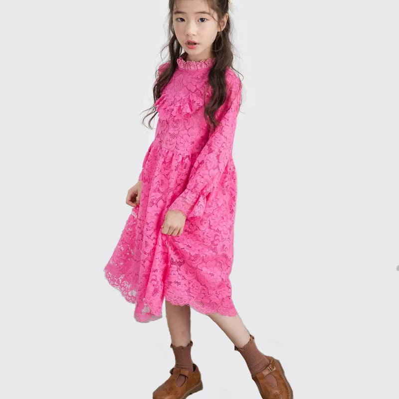 

Pink Black Girl Lace Dress 2018 Fall Kids Ruffle Long Dresses Girls Princess Party Frocks Teenagers Christmas Costume 4-14 Yrs