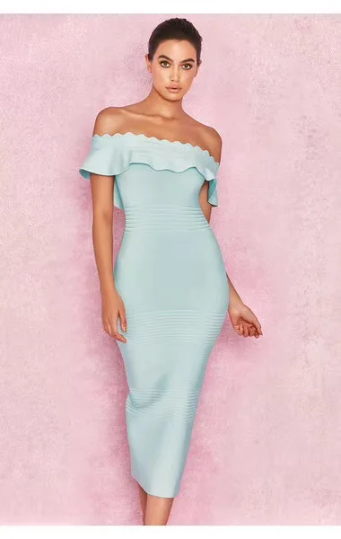 

New Arrival Sky Blue Yellow Pink Red Slash Neck Bandage Dress 2018 Sexy Celebrity Evening Party Dress Women Dress Club Dresses