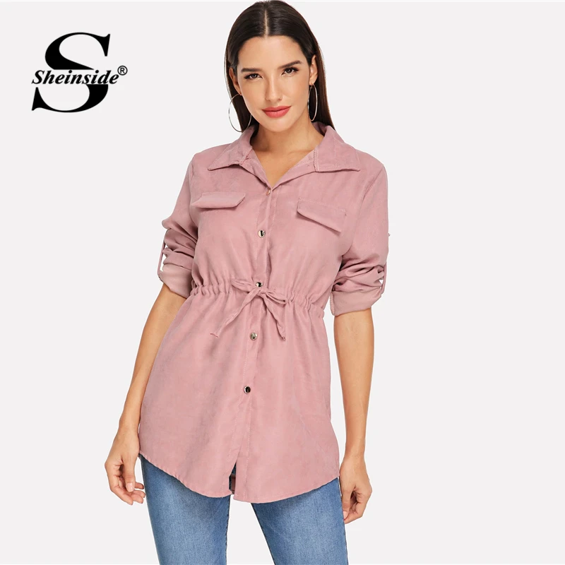 

Sheinside Elegant Pink Drawstring Waist Blouse Women 2019 Spring Casual Roll Up Sleeve Blouses Ladies V Neck Button Top