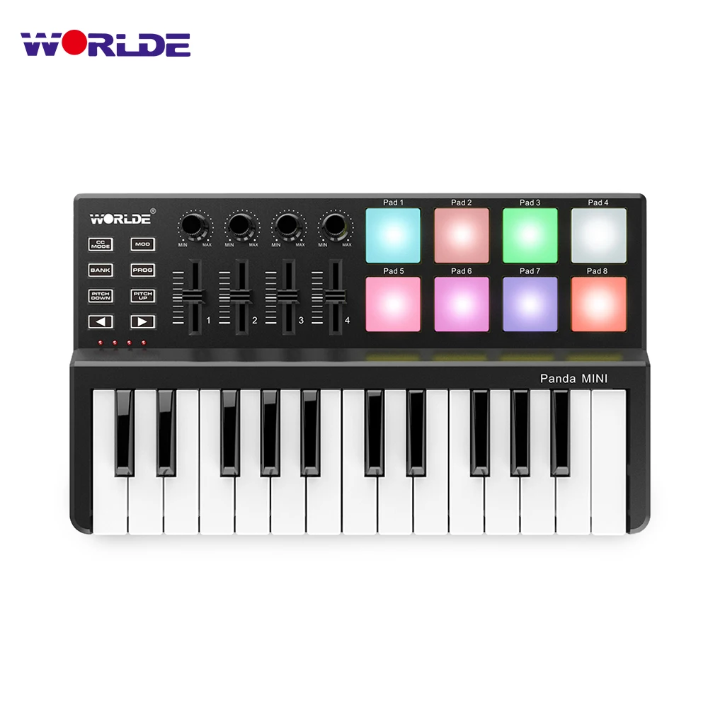 World Panda MINI 25-Key ультра-портативный USB MIDI контроллер клавиатуры 8 красочных триггерные подушки с подсветкой