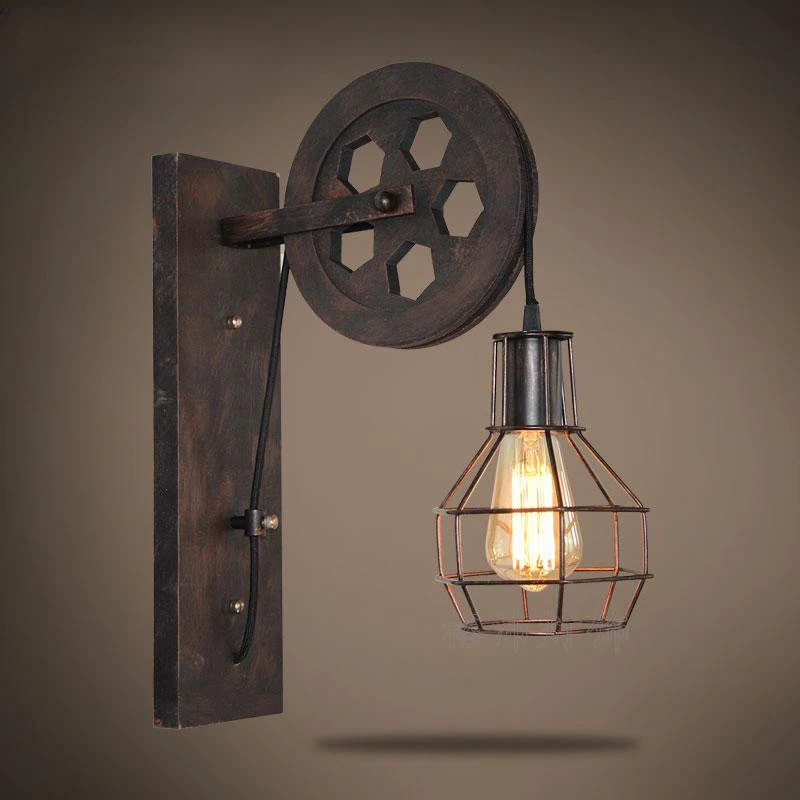 

Vintage Pulley Lift LED Cage Wall Light American Rural Loft Iron Art Industrial Lamp Nordic Modern Kitchen Bar Entrance Corridor